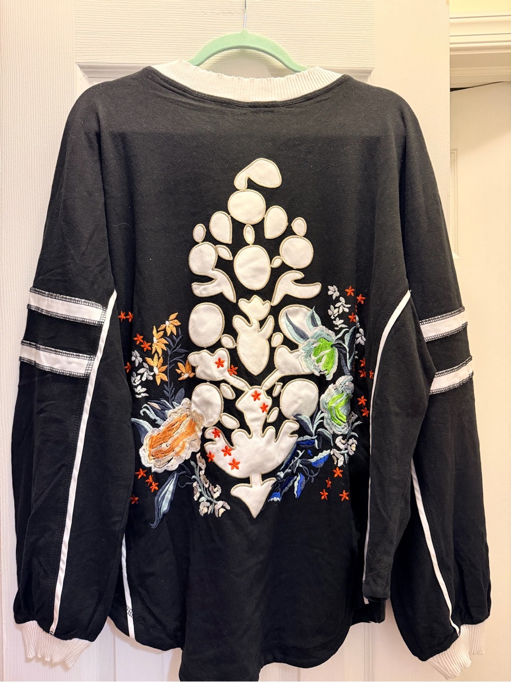 Free People Black and White Striped Panel Pullover logo on back